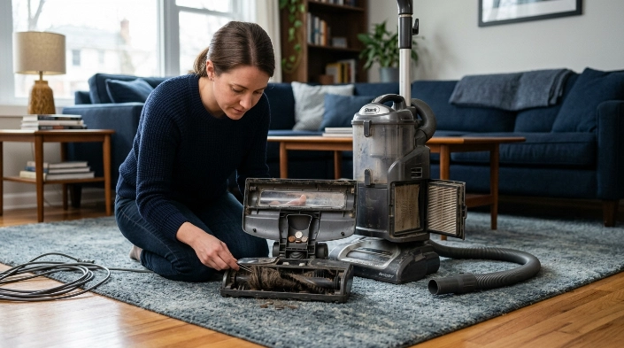 Noisy vacuum cleaner inspection showing hose, brush roll, filter, and trapped debris.