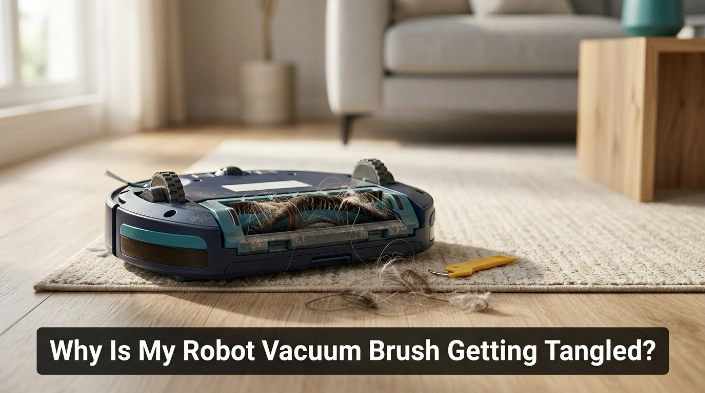 Hair, pet fur, thread, carpet fibers, rug tassels, and cable near a robot vacuum brush.
