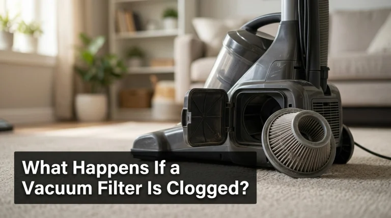 Clogged vacuum filter beside an open vacuum showing dust buildup and reduced airflow risk