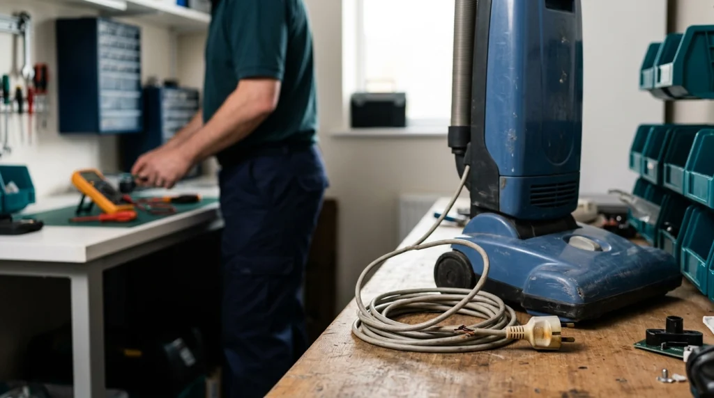 Damaged vacuum cord and heat-discolored plug awaiting professional appliance repair