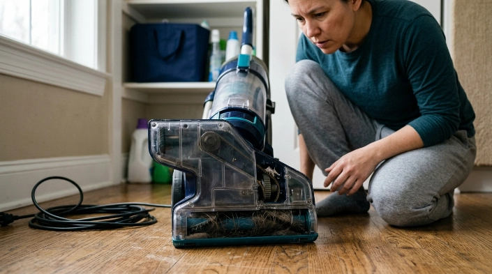 Unplugged vacuum being inspected after a burning smell with hair jammed around the brush roll.
