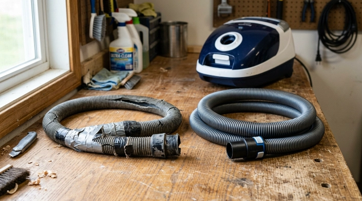 Damaged vacuum hose with multiple cracks and patches beside a clean replacement hose.