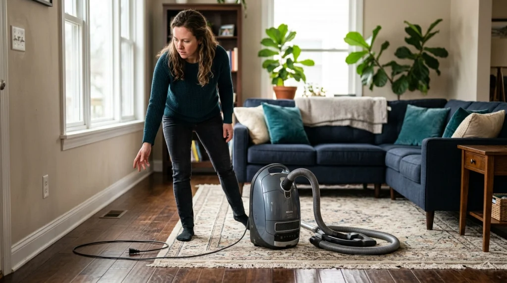 Homeowner unplugging a noisy vacuum after noticing signs that require immediate shutdown