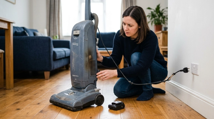 Unplugged noisy vacuum cleaner with damaged cord showing when home use should stop.