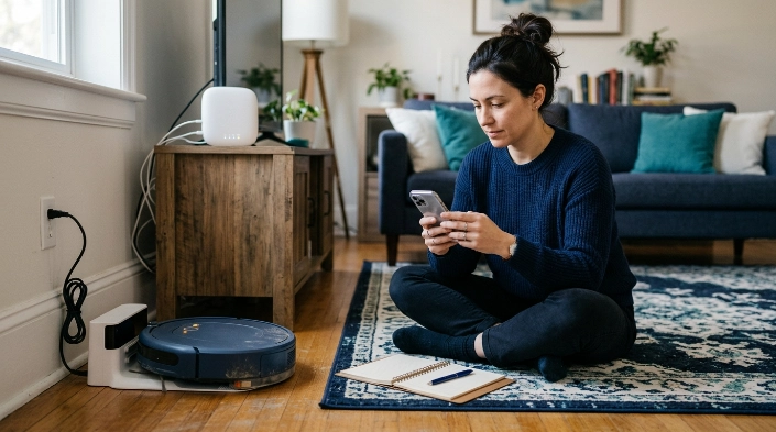 Homeowner troubleshooting robot vacuum offline issue before Wi-Fi reset or manufacturer support