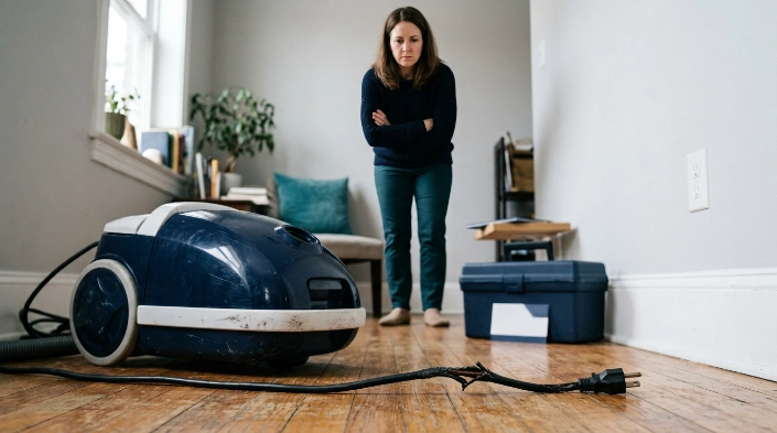 Unplugged vacuum with damaged cord illustrating when to stop troubleshooting and seek repair.