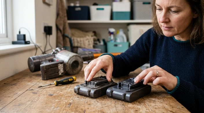 Comparing old and new cordless vacuum batteries for voltage, contacts, shape, and mounting compatibility.