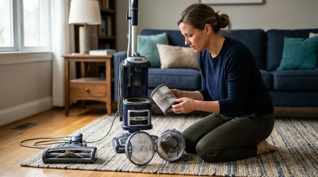 Homeowner checking a dirty vacuum filter and tangled brush roll after shutdown