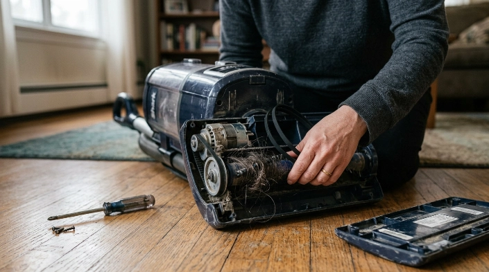 Open vacuum floor head showing an off-center belt, tangled brush roll and pulley inspection.