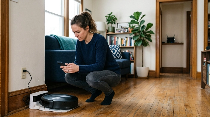 Homeowner checking robot vacuum offline problem near charging dock and distant Wi-Fi router