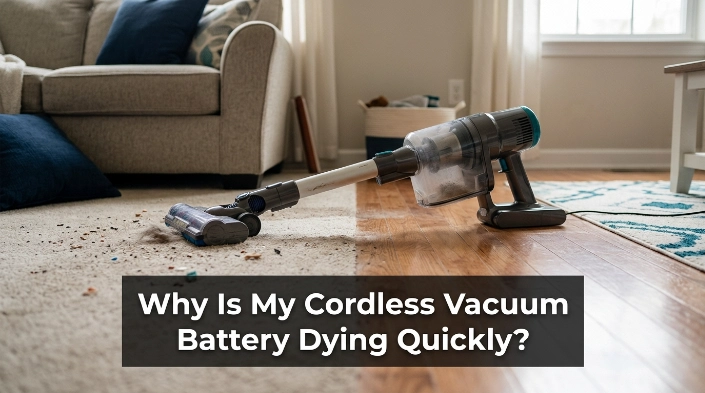 Why is my cordless vacuum battery dying quickly? Cordless vacuum beside charging dock at home.