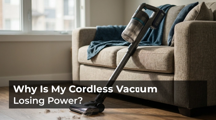 Cordless vacuum showing common reasons for power loss, including battery, filter, and brush issues