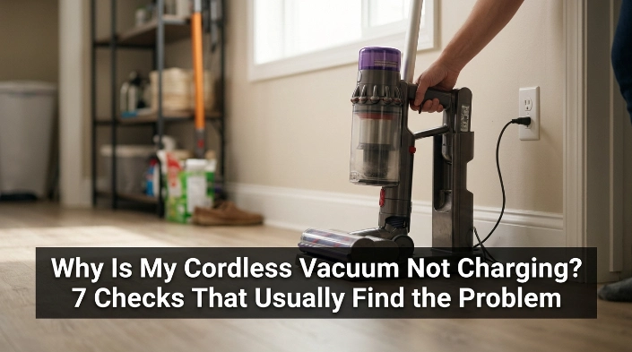 Cordless vacuum on charging dock during troubleshooting for a vacuum that is not charging.