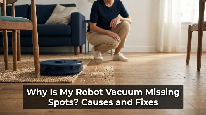 Robot vacuum missing spots beside furniture and a rug in a lived-in living room