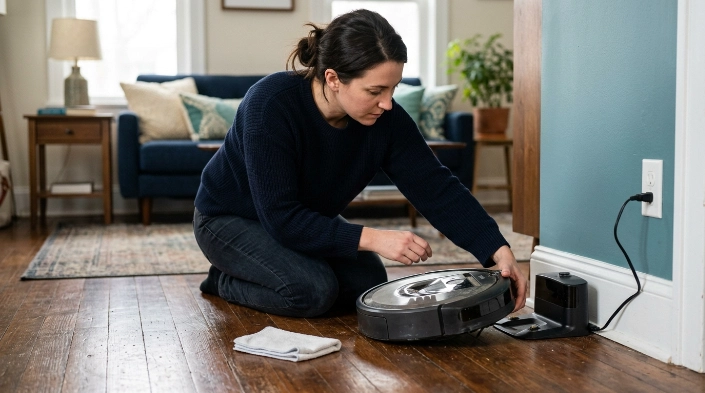 Homeowner checking dock alignment and dirty contacts on a robot vacuum not charging