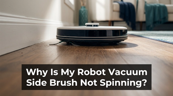 Robot vacuum with jammed side brush beside a wall in a home