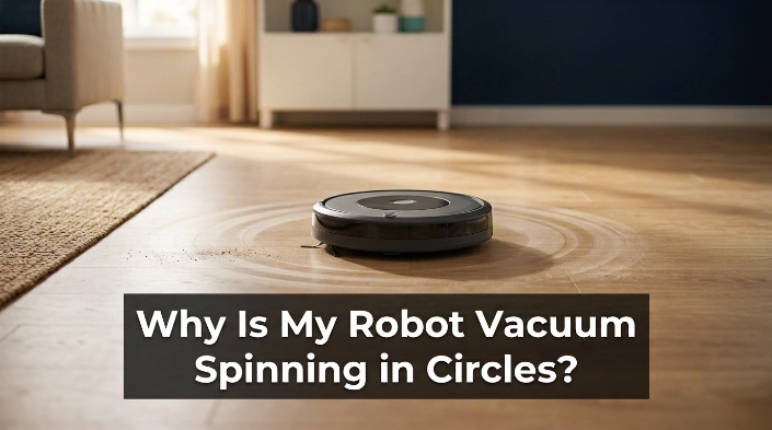 Robot vacuum spinning in circles on a living room floor during troubleshooting