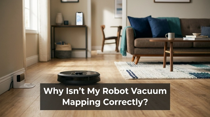 Robot vacuum navigating a living room while troubleshooting an incorrect home map