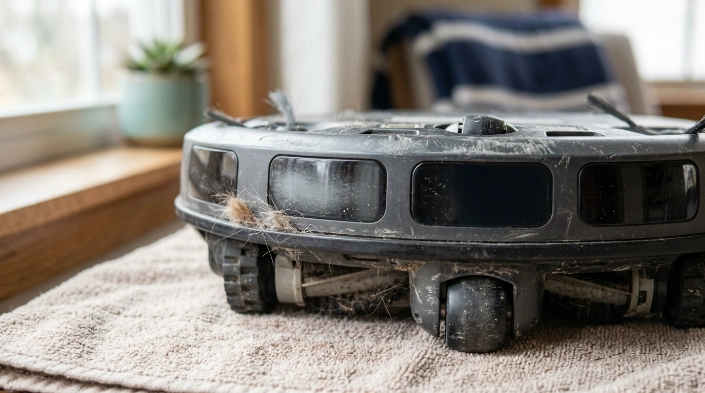 Dust and pet hair covering robot vacuum cliff sensors before cleaning