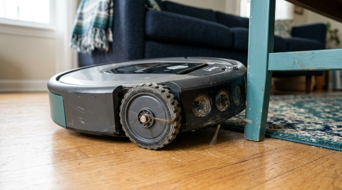Robot vacuum wheel, cliff sensors, and bumper checked for circling problems