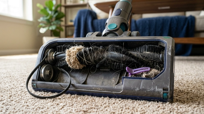 Vacuum brush roll jammed with hair beside a loose belt and floorhead obstruction