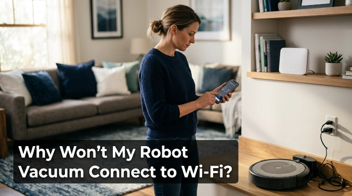 Robot vacuum beside dock and router while homeowner troubleshoots a Wi-Fi connection on a phone.