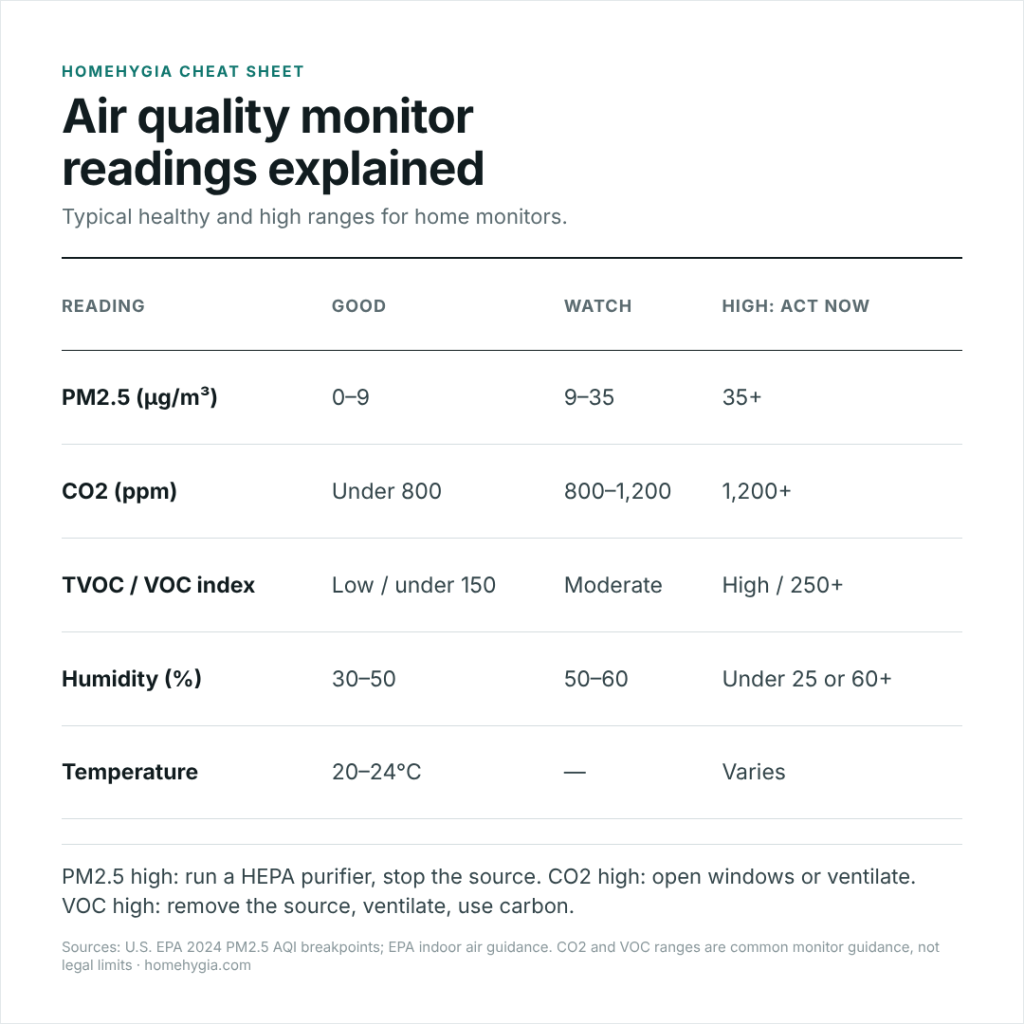 Air quality monitor readings chart with good, watch and high ranges for PM2.5, CO2, VOC, humidity and temperature