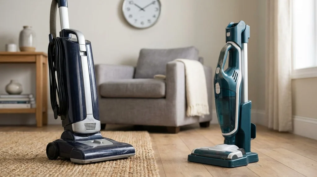 Corded upright and cordless stick vacuums illustrating differences in expected appliance lifespan.