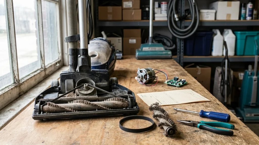 Common vacuum repair parts including a belt, hose, brush roll, motor, and circuit board on a workbench.