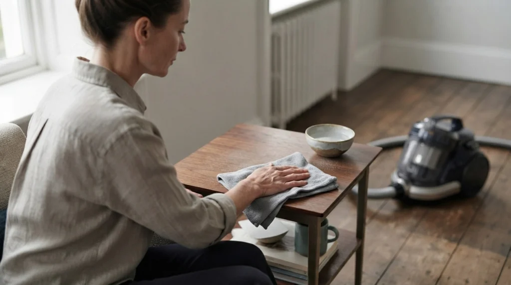 Damp microfiber cloth wiping dust from a wooden table beside a filtered vacuum cleaner.