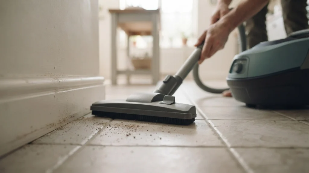 Vacuum head carefully cleaning dust along the grout lines and edge of a tiled floor.
