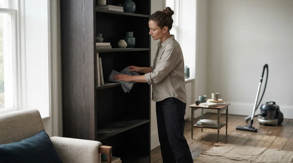 Person dusting a bookshelf before cleaning lower surfaces and vacuuming the floor.