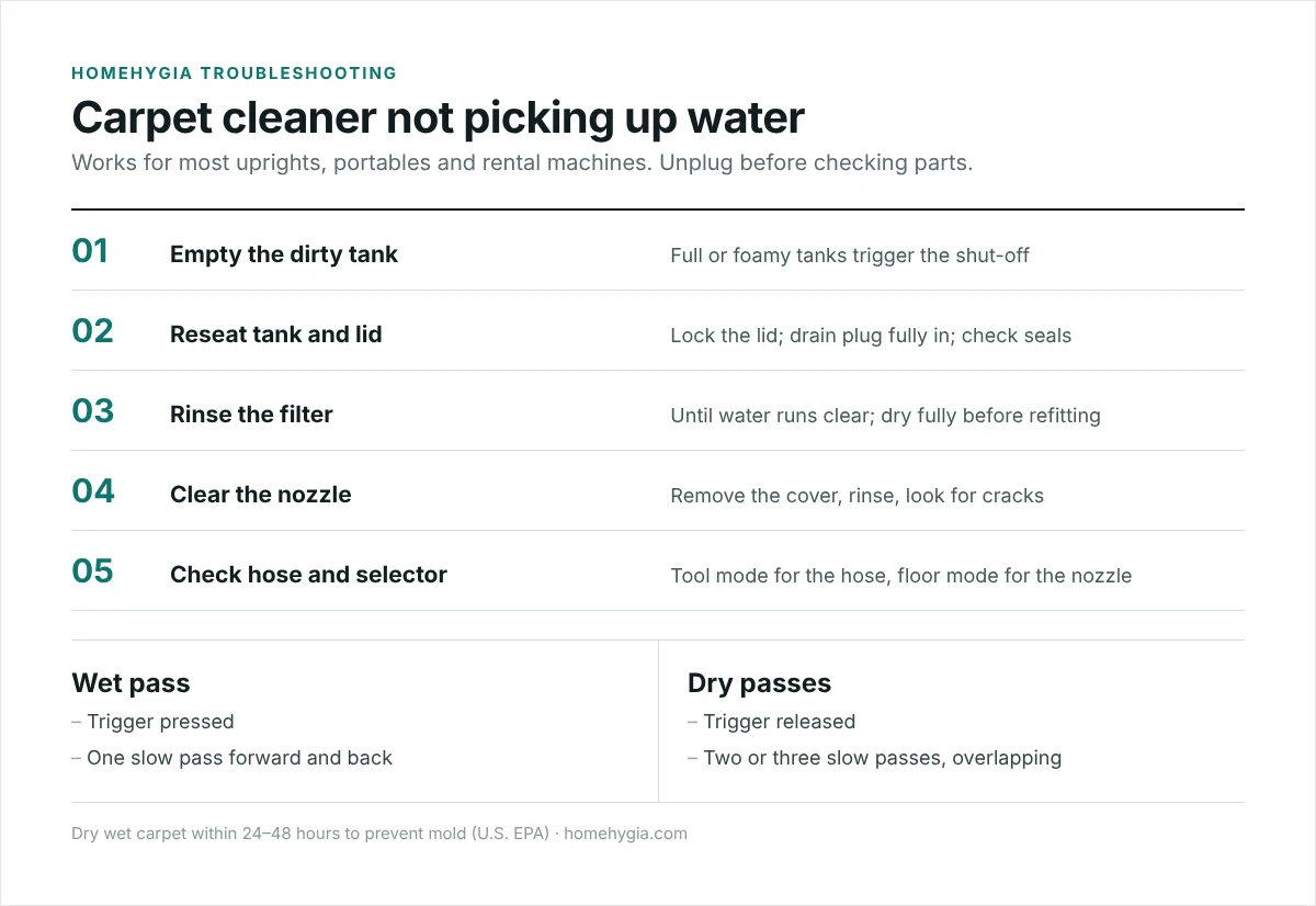 Five checks when a carpet cleaner is not picking up water, plus the correct wet and dry pass technique