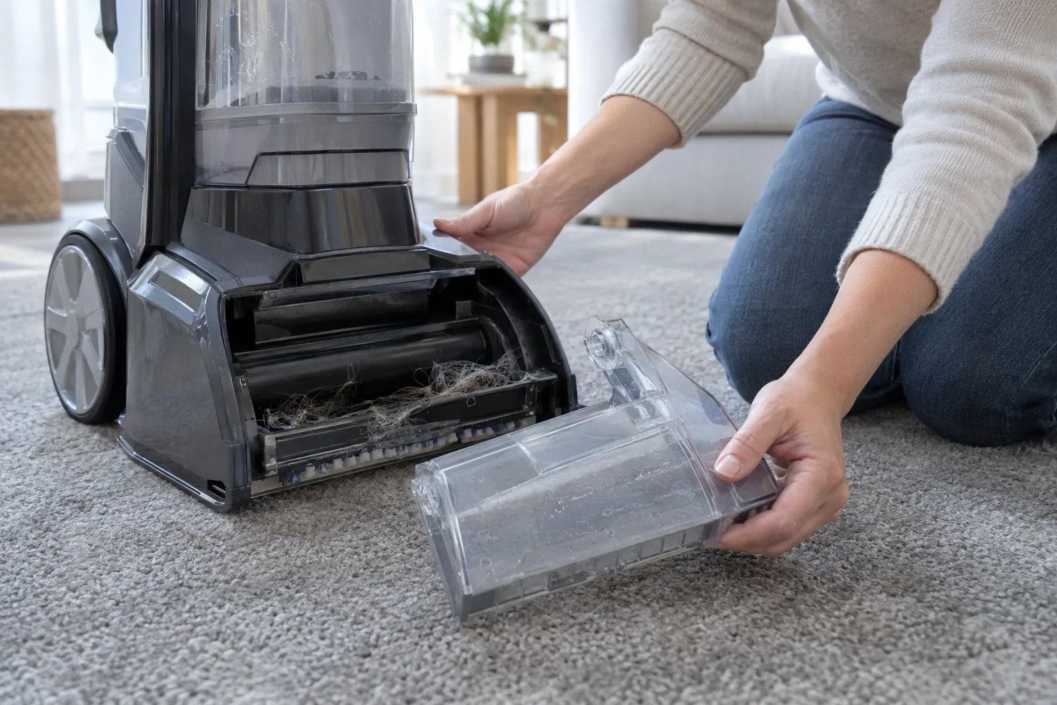 Removing and checking the suction nozzle cover of an upright carpet cleaner