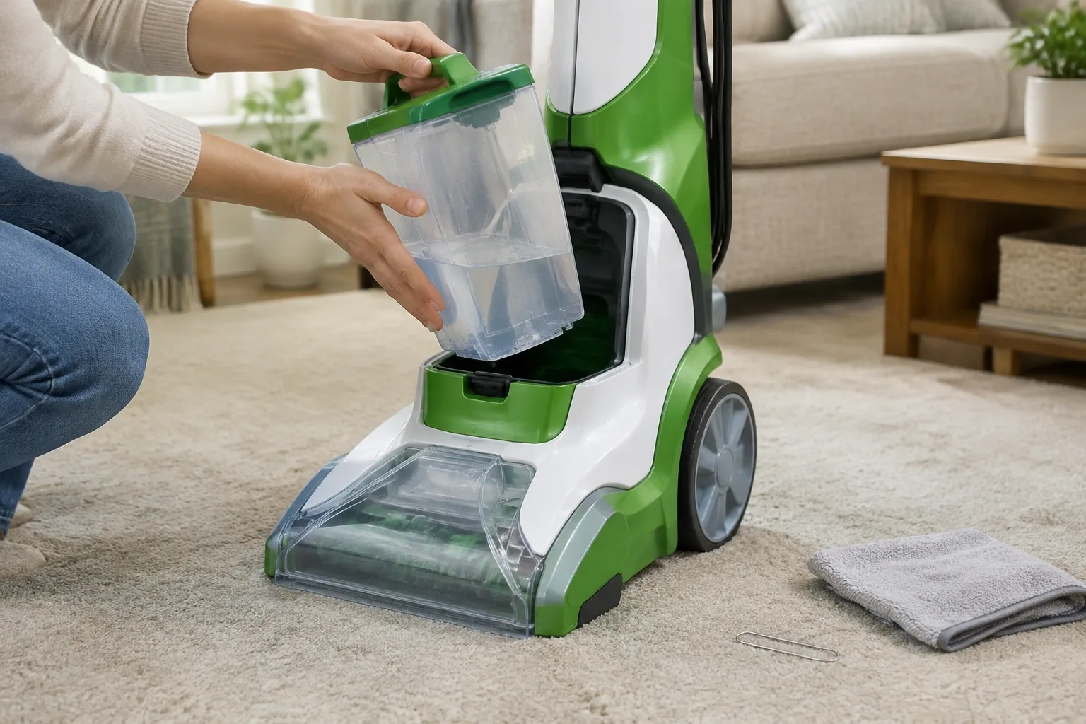 Checking the clean water tank of an upright carpet cleaner on a living room carpet
