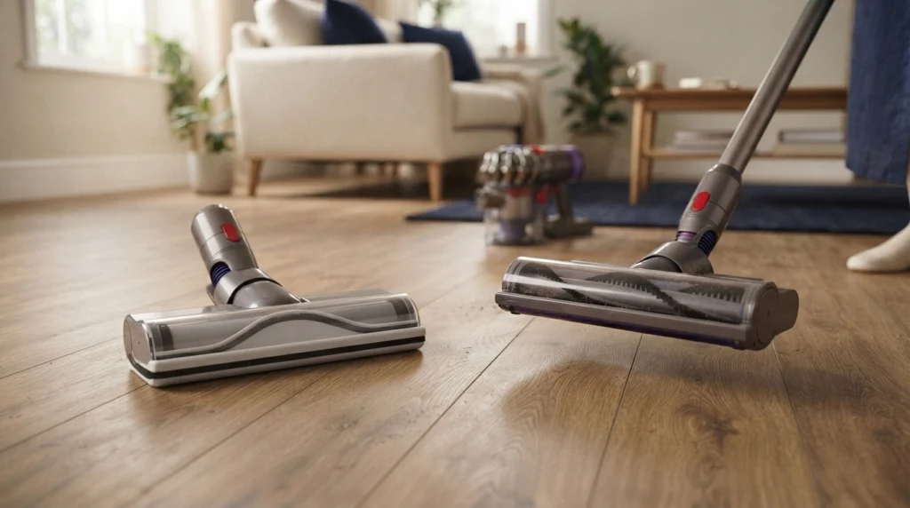 Hard-floor vacuum attachment beside a rotating brush head on laminate flooring.