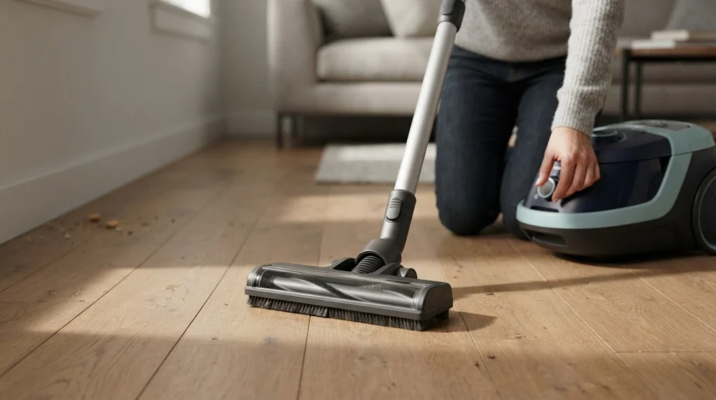 Hard-floor vacuum attachment positioned on hardwood flooring with the rotating brush kept away.