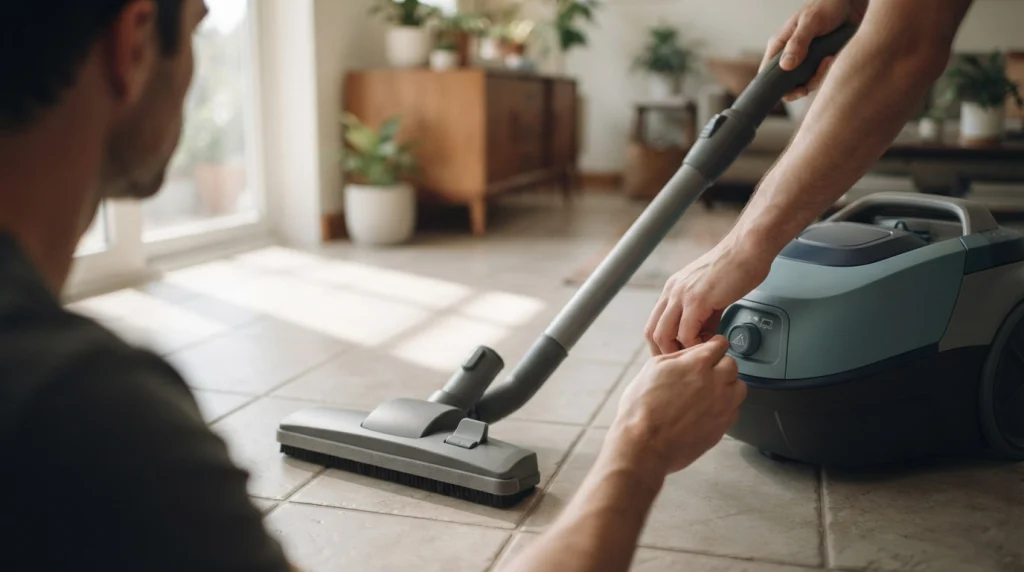 Close-up of a hard-floor vacuum attachment positioned over ceramic tile.