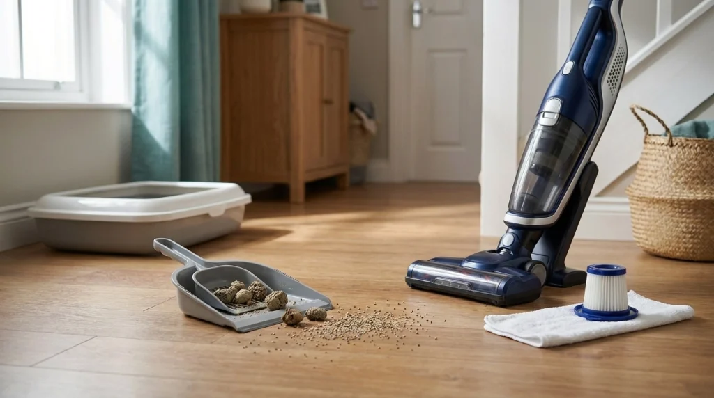Scoop, dustpan, household vacuum, and filter arranged for safe cat litter cleanup and vacuum inspection.