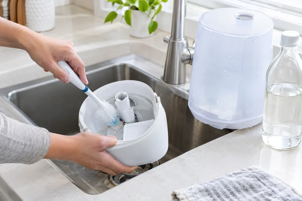 Person scrubbing the base of a disassembled humidifier with a soft brush in a kitchen sink