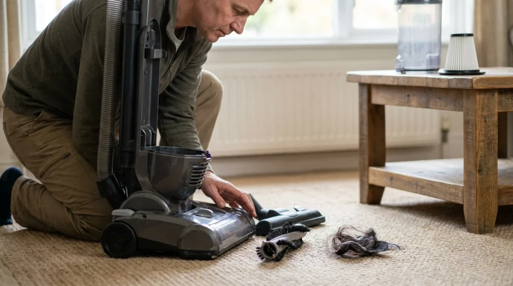 Homeowner inspecting hair and debris near a vacuum cleaner brush roll