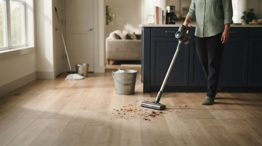 Vacuum head removing crumbs and dust from a hard kitchen floor before mopping.