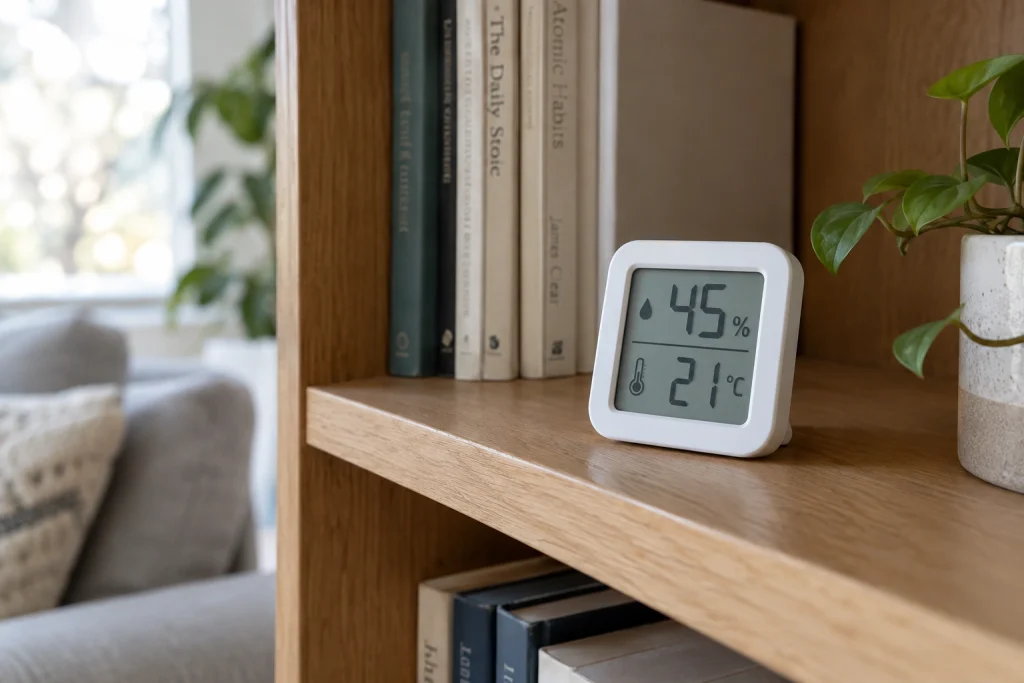 Digital hygrometer showing 45 percent humidity on a living room shelf
