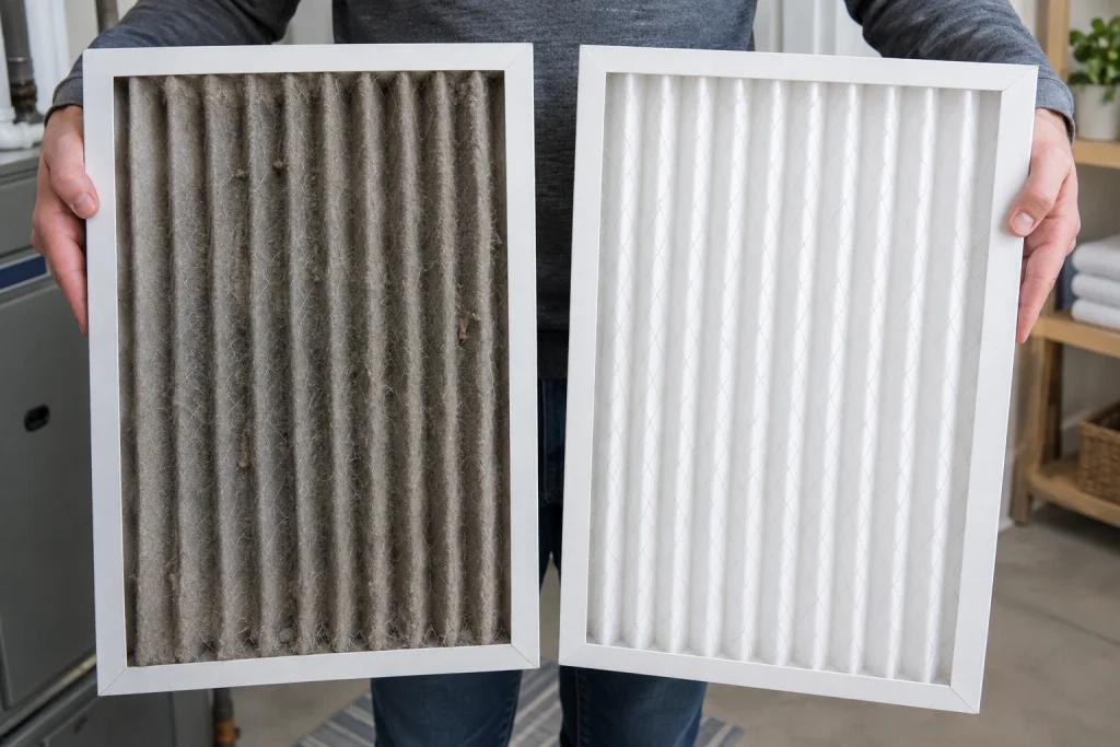 Dirty gray HVAC filter held next to a new clean white filter