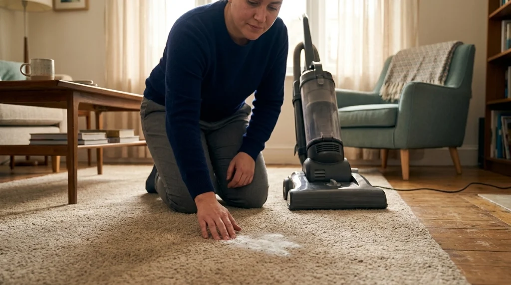 Small amount of baking soda on carpet beside a vacuum in a lived-in living room.