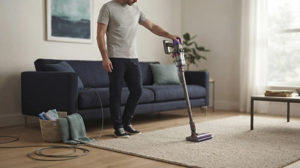 Vacuum cleaner beside a clean living room carpet during an everyday household cleaning routine.