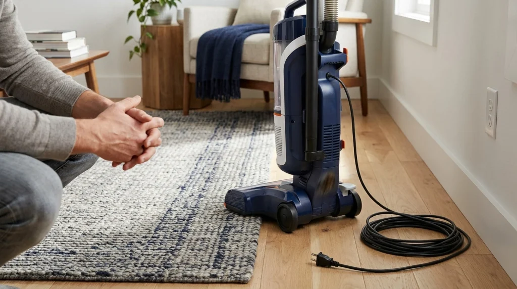Switched-off vacuum cleaner with its power cord disconnected in a home, illustrating first steps when a vacuum sparks.