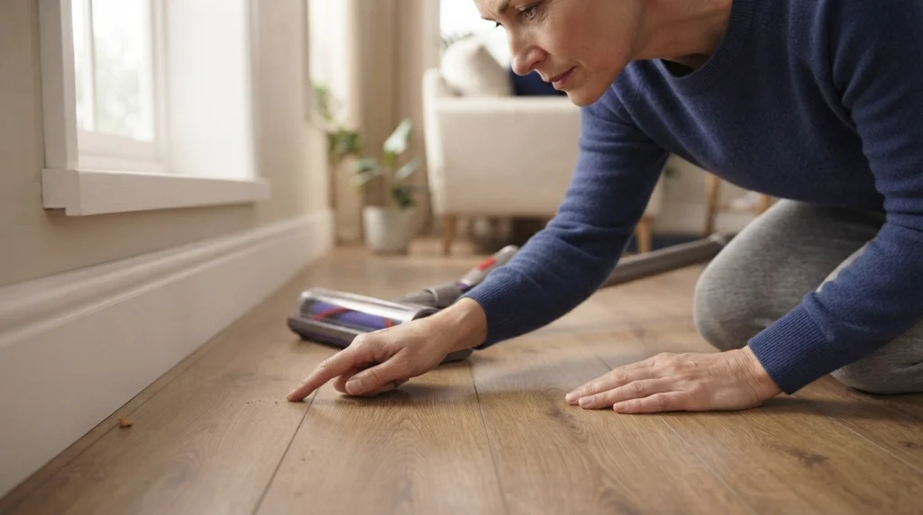 Homeowner inspecting laminate flooring beside a vacuum head and baseboard.