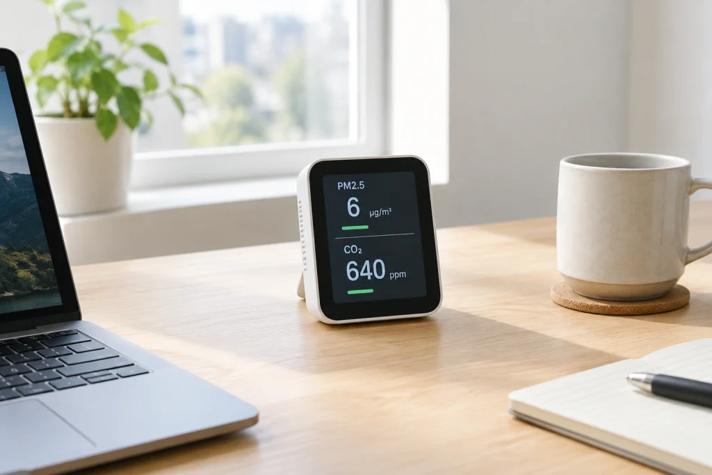 Indoor air quality monitor on a home office desk displaying PM2.5 and CO2 readings