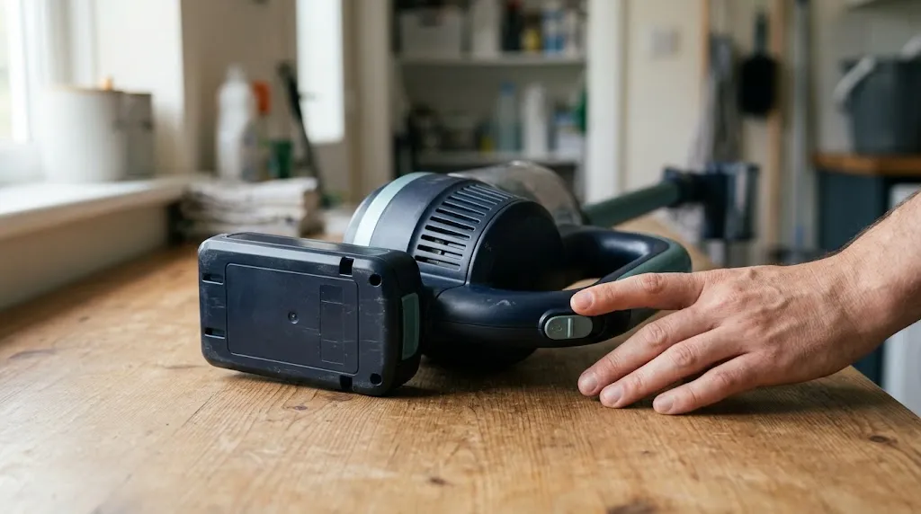 Close-up of a cordless vacuum battery and motor housing showing components involved in suction performance.